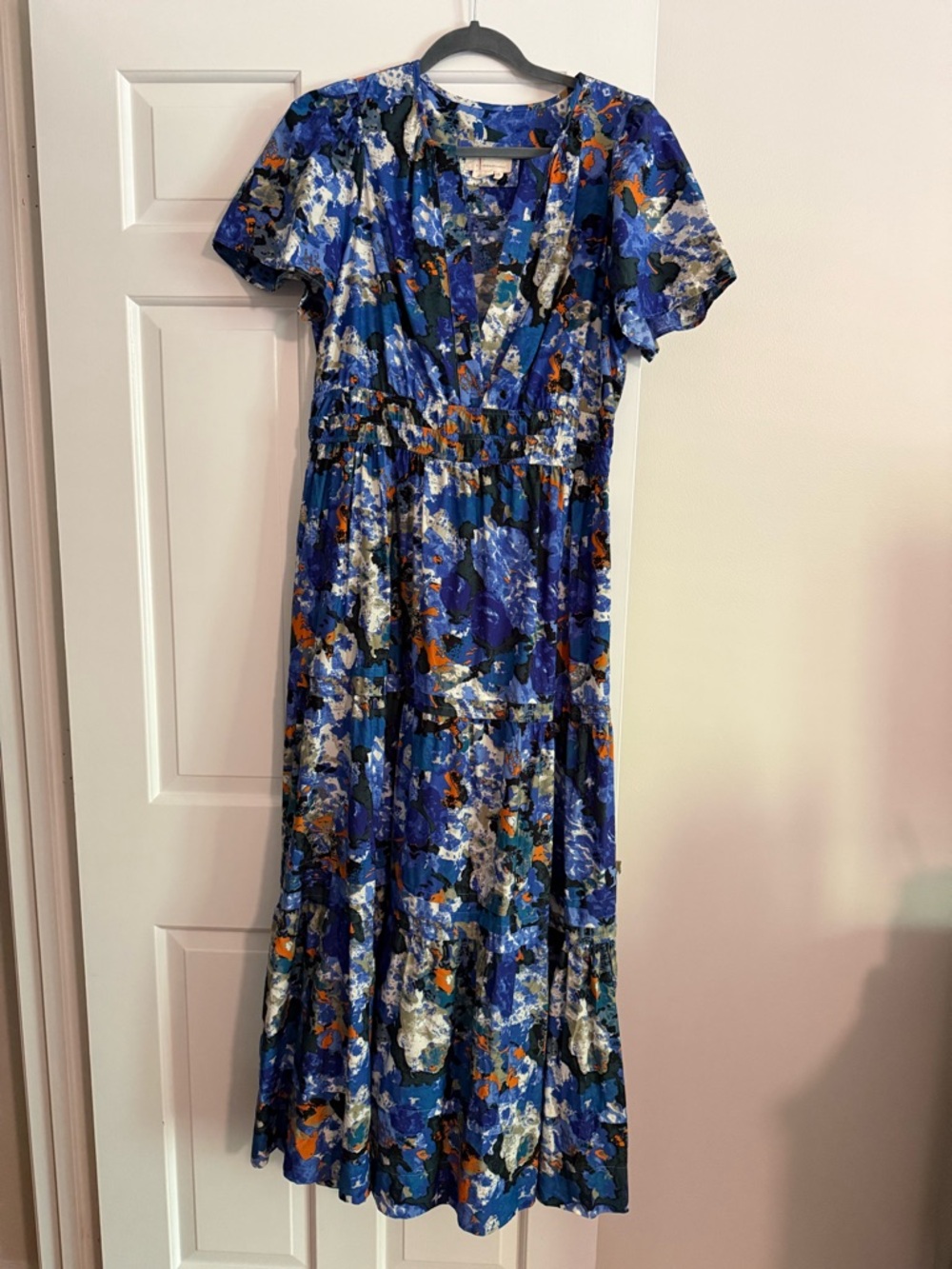 Anthropologie Blue Abstract Floral Maxi Dress with Orange Accents